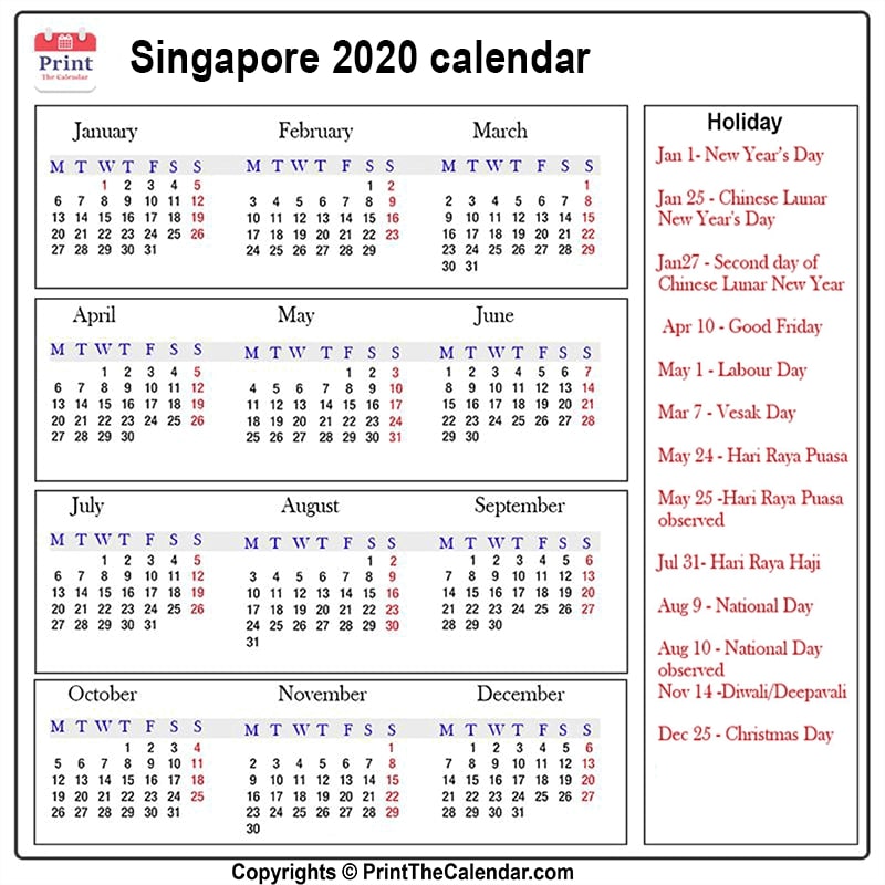 Singapore Calendar 2020 with Singapore Public Holidays